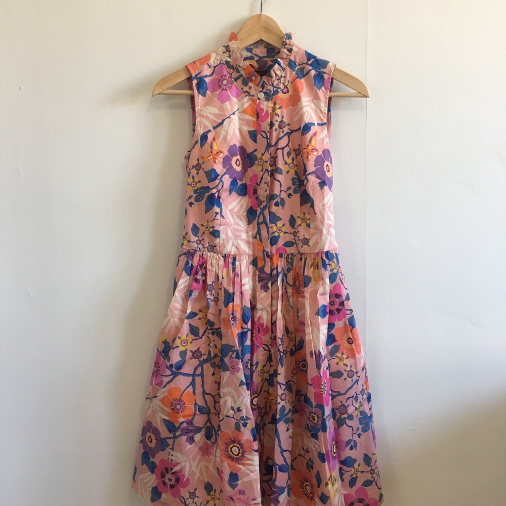 J. Crew Liberty Ruffle-Neck Pink Shirt Dress 00 - Picture 2 of 7